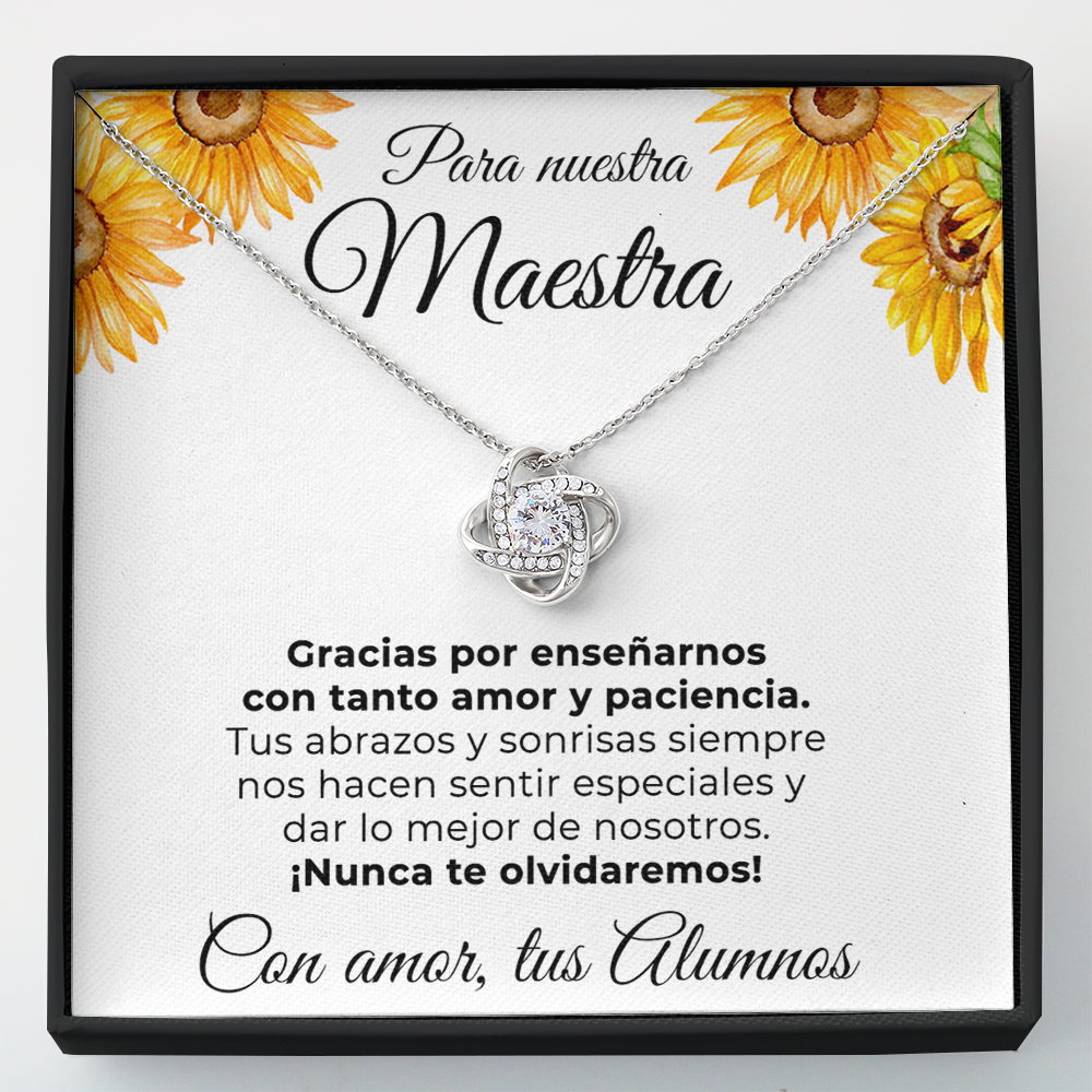 Collar de nudo con tarjeta dedicatoria "Nunca te olvidaremos" Maestra