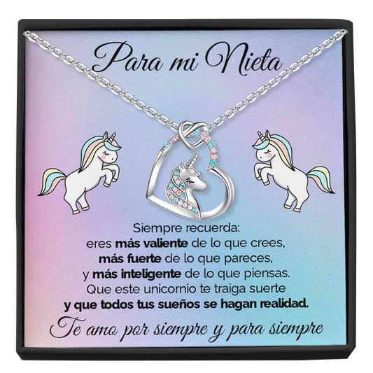 Collar de unicornio con tarjeta dedicatoria "Unicornio de la Suerte" Nieta