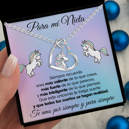Collar de unicornio con tarjeta dedicatoria "Unicornio de la Suerte" Nieta