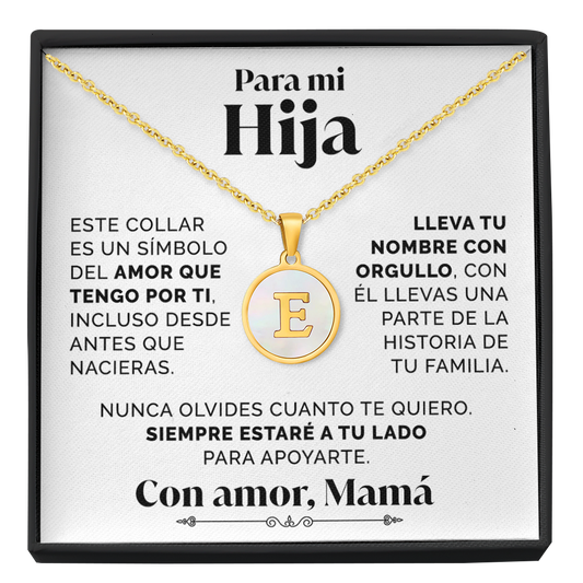 Collar Letra E con tarjeta dedicatoria "Tu Nombre"