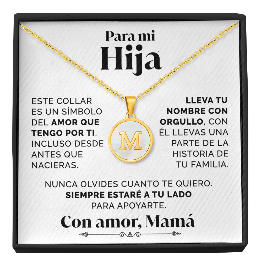 Collar Letra M con tarjeta dedicatoria "Tu Nombre"