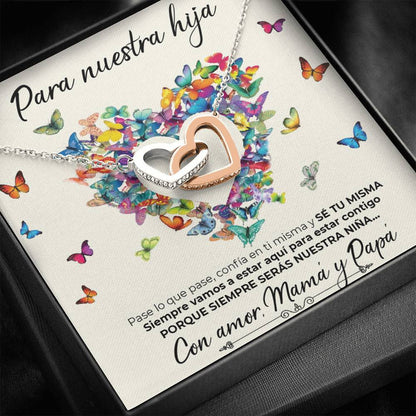 Collar con tarjeta dedicatoria "Confía en ti misma, Papá y Mamá"