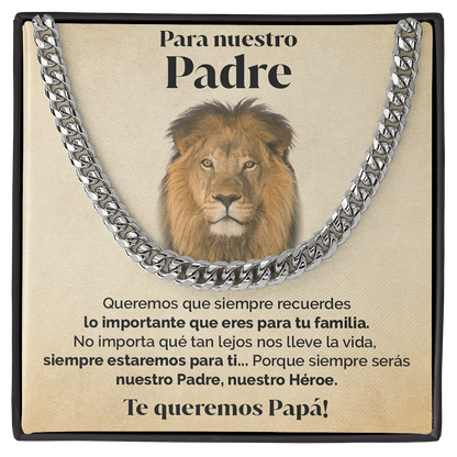 Collar cadena y tarjeta dedicatoria - Nuestro héroe - León